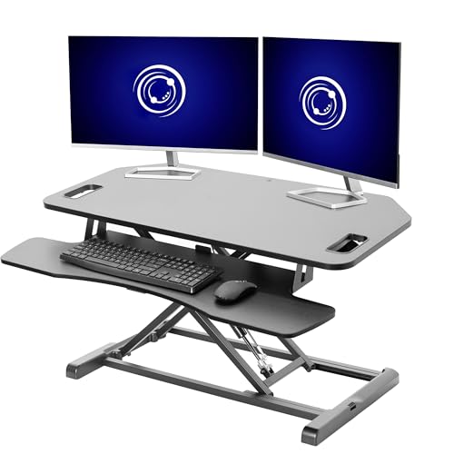 VIVO DESK-V000KL Black Extra Wide Corner Height Adjustable 38 inch up Desk Converter, Sit Stand Tabletop Dual Monitor and Laptop Riser Workstation, Metall, Schwarz, 38" von VIVO