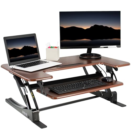 VIVO Height Adjustable 36 inch Stand Up Desk Converter, Quick Sit to Stand Tabletop Dual Monitor Riser Workstation, Dark Wood, DESK-V000VD… von VIVO