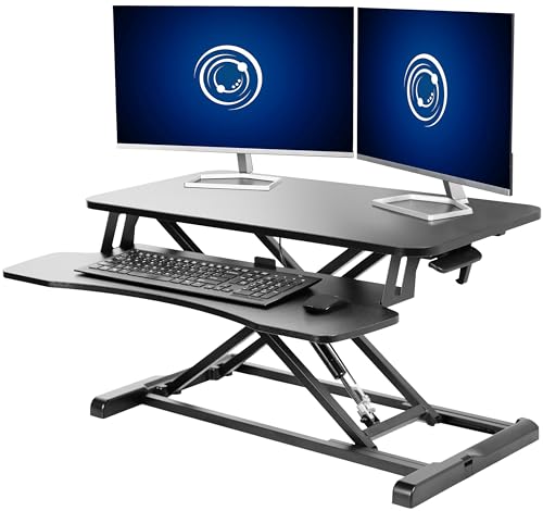 VIVO 32” Stehpult-Konverter mit höhenverstellbarem Aufsatz, Steh-Sitz-Arbeitsplatz für zwei Monitore und Laptop, mit breiter Tastaturablage, Schwarz, DESK-V000K von VIVO