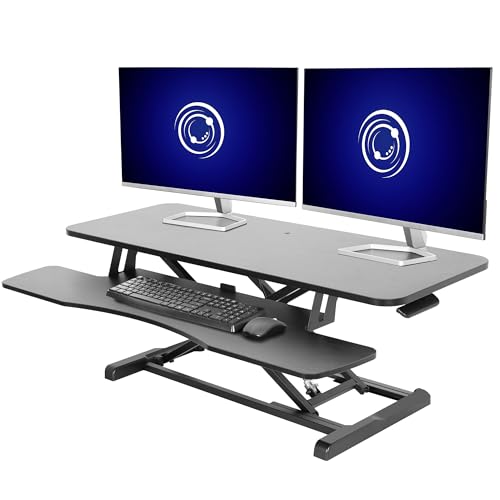 Vivo DESK-V042KB Höhenverstellbarer Schreibtischaufsatz, Sitz-Steh-Arbeitsplatz für zwei Monitore und Laptop, mit breiter Tastaturablage, Schwarz, 107 cm von VIVO