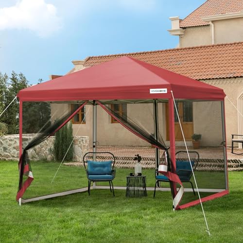 VIVOHOME 2,4 x 2,4m Pavillon höhenverstellbarer Faltpavillon mit Netz klappbares Partyzelt UV-Schutz 50+ Wasserdichtes Gartenzelt mit Tragetasche für Camping von VIVOHOME
