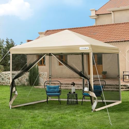 VIVOHOME 3 x 3m Pavillon höhenverstellbarer Faltpavillon mit Netz klappbares Partyzelt UV-Schutz 50+ Wasserdichtes Gartenzelt mit Tragetasche für Camping von VIVOHOME