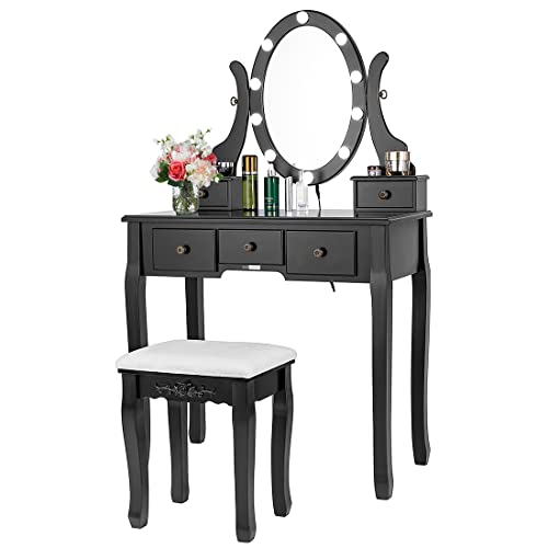 VIVOHOME Schminktisch-Set mit 10 LED-Leuchten Schminktisch mit 360° drehbarem beleuchtetem Spiegel und gepolstertem Hocker von VIVOHOME
