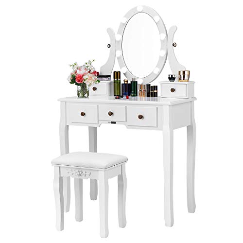 VIVOHOME Schminktisch mit LED Beleuchtung Spiegel drehbar und gepolstertem Hocker Vanity Kosmetiktisch mit Schubladen von VIVOHOME