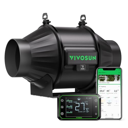 VIVOSUN Inline-Rohrventilator 100mm Leiser Abluftventilator 357m³/h mit EC-Motor und GrowHub E42A WLAN-Controller AeroZesh T4 Ventilator für Growzelte und Hydroponik von VIVOSUN