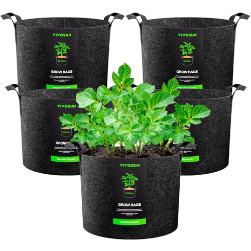 VIVOSUN 5er-Packung 95L Pflanzsack aus Vliesstoff, Hochbelastbarer Verdickter Stofftopf mit Griffen für Gemüse, Blumen, Früchte, Gewächshaus und Garten von VIVOSUN