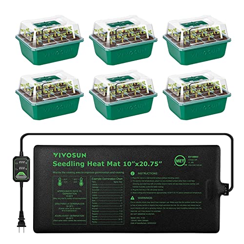 VIVOSUN 6er-Pack Saatgut-Starterschalen mit 25.4x52.7 cm Sämling-Wärmematte, 72-Zellen-Samen-Starter-Kit mit Feuchtigkeitskuppel, wiederverwendbare Anzuchtschalen von VIVOSUN