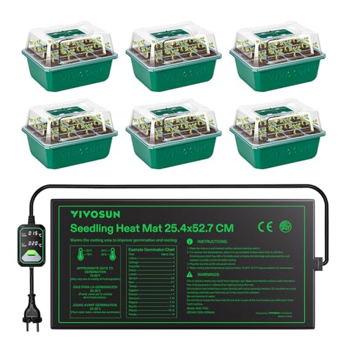 VIVOSUN 6er-Pack Saatgut-Starterschalen mit 25.4x52.7 cm Sämling-Wärmematte, 72-Zellen-Samen-Starter-Kit mit Feuchtigkeitskuppel, Wiederverwendbare Anzuchtschalen von VIVOSUN