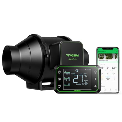 VIVOSUN Inline-Rohrventilator 100mm Leiser Abluftventilator 353m³/h mit EC-Motor und GrowHub E42A WLAN-Controller AeroZesh S4 Ventilator für Growzelte und Hydroponiksysteme von VIVOSUN