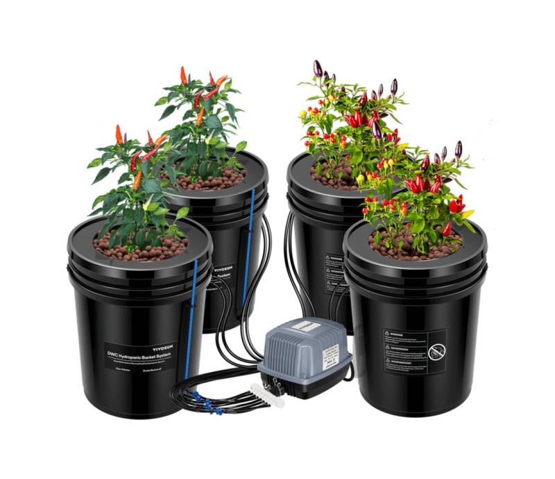 VIVOSUN Bewässerungssystem VIVOSUN DWC Hydroponik-System, (Bewässerungssystem, Komplettset), 4-Eimer-Kit mit Top-Drip-Bewässerung von VIVOSUN