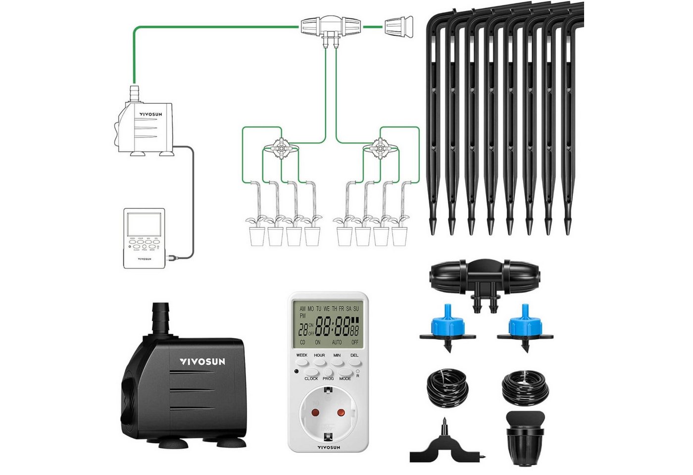 VIVOSUN Bewässerungssystem VIVOSUN FlexFeed Automatisches Tropfbewässerungsset, (All-in-One Set für 8 Pflanzen), Bis zu 20 Bewässerungszeiten von VIVOSUN