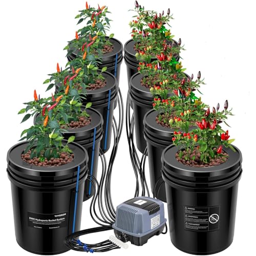 VIVOSUN DWC Hydroponics Grow System mit Top Drip Kit, 5 Gallonen Tiefe Wasserkultur, Umluft-Tropfgartensystem mit Mehrzweck-Luftschlauch, Luftpumpe und Ausströmstein (8 Eimer + Top Drip Kit） von VIVOSUN