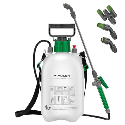 VIVOSUN Drucksprüher 4L, Pumpsprühflasche mit 3 Wasserdüsen, Griffnut Design, Druckentlastungsventil, Verstellbarem Tragegurt, 1 Gallonen Universelle Gartenspritze für Rasen, Pflanzen und Reinigung von VIVOSUN