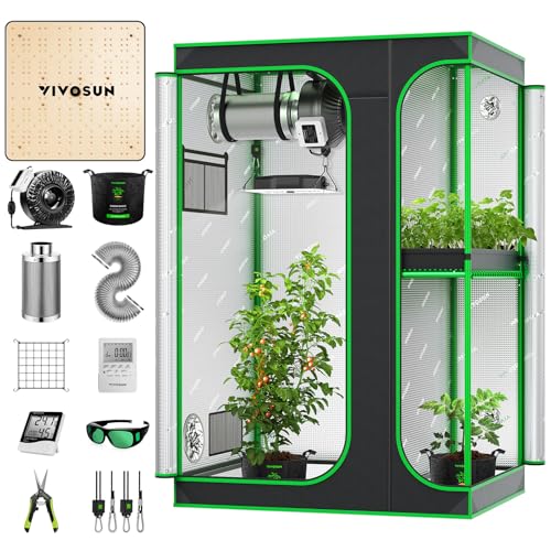 VIVOSUN GIY 120×90×180cm Growzelt Komplettsystem, 2-in-1 Growzelt-Kit komplett mit VS1000 LED Grow Light, 10cm Rohrventilator, Aktivkohlefilter und 2,5m Luftkanal-Kombi von VIVOSUN