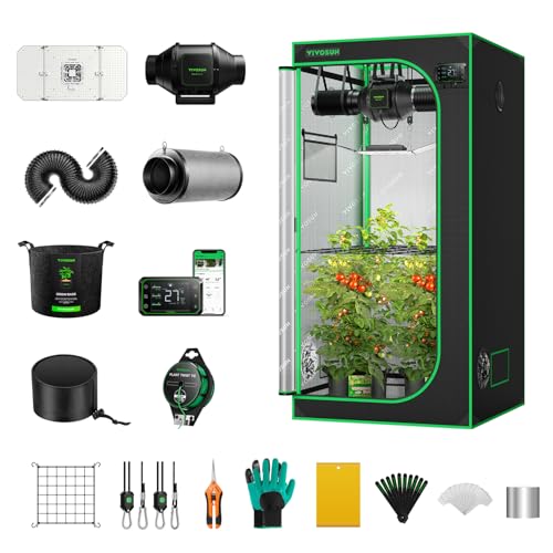 VIVOSUN GIY Growzelt Komplettset 90x90x180cm 200W Vollspektrum Grow Lampe mit Automatischer Ventilation und Zirkulation Smart Grow Tent Kit mit GrowHub E42A Controller von VIVOSUN