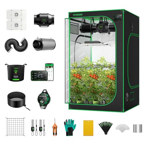 VIVOSUN GIY Growzelt Komplettset 120x120x200cm 200W Vollspektrum Grow Lampe mit Automatischer Ventilation und Zirkulation Smart Grow Tent Kit mit GrowHub E42A Controller von VIVOSUN
