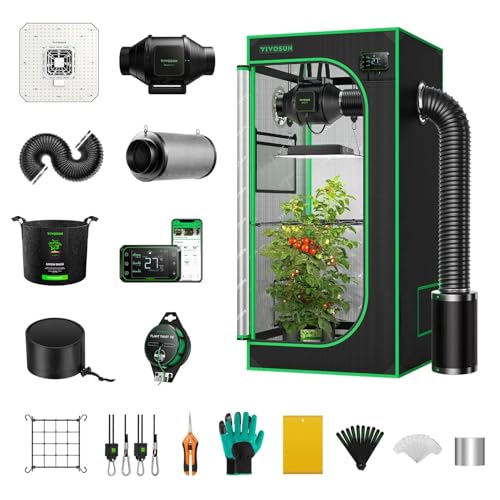 VIVOSUN GIY Growzelt Komplettset 60x60x120cm 100W Vollspektrum Grow Lampe mit Automatischer Ventilation und Zirkulation Smart Grow Tent Kit mit GrowHub E42A Controller von VIVOSUN