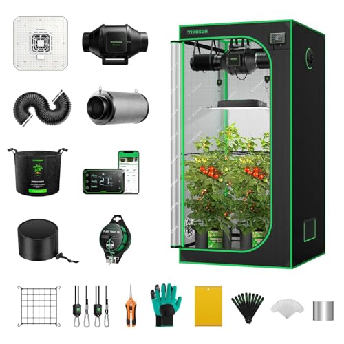 VIVOSUN GIY Growzelt Komplettset 80x80x160cm 150W Vollspektrum Grow Lampe mit Automatischer Ventilation und Zirkulation Smart Grow Tent Kit mit GrowHub E42A Controller von VIVOSUN