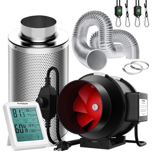 VIVOSUN Inline-Rohrventilator 150mm Abluftventilator 663m³/h mit Geschwindigkeitsregler 150mm Aktivkohlefilter 240cm Luftkanal Temperatur-Luftfeuchtigkeitsmesser für die Belüftung des Wachstumszelts von VIVOSUN
