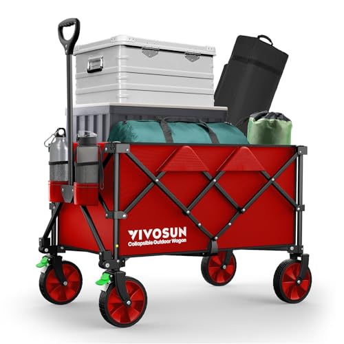 VIVOSUN Bollerwagen Faltbar mit Bremsen, 200L XXL Bollerwagen 136kg Tragkraft Klappbarer Handwagen mit 360°drehbare Räder für alle Gelände Gartenwagen für Camping Garten Sport Picknick Einkaufen, Rot von VIVOSUN