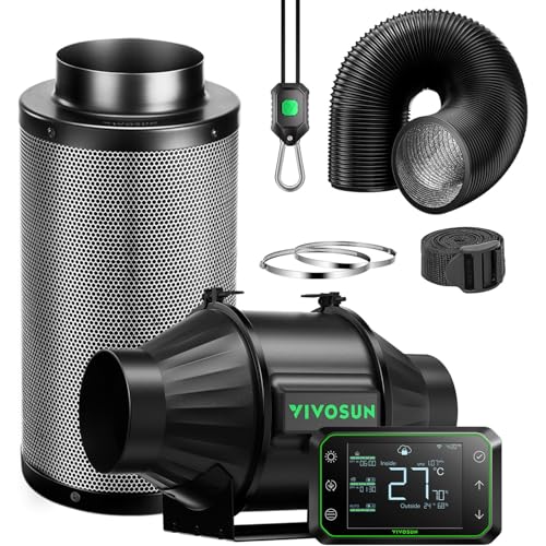 VIVOSUN Rohrventilator 100mm Abluftventilator 357m³/h mit GrowHub E42A Kohlefilter & 240cm Luftkanal AeroZesh T4 Abluftset Kühl- und Belüftungssystem für Growzelt Hydroponik von VIVOSUN