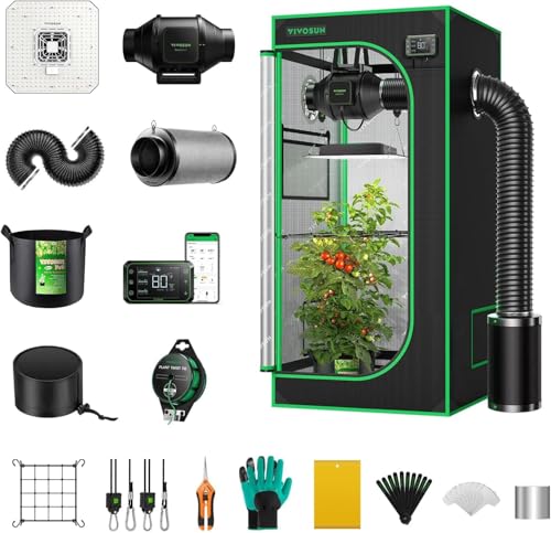 VIVOSUN Smart Growzeltsystem - WiFi-integriertes Growzelt-Kit mit automatischer Belüftung & Zirkulation, Zeitplan für 150W LED Grow Vollspektrum Lampe & GrowHub E42A-Controller - 80 x 80 x 180 cm von VIVOSUN
