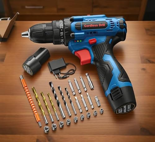 VIWKO 12V Akku Bohrschrauber Set Blue, 25Nm Drehmoment Akku Bohrmaschine, Akkubohrer mit 2000mAh Akku, 10mm Bohrfutter, 2-Gang, LED, DIY Tool von VIWKO