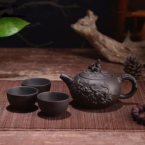 VIXDA 150 ml Teekanne Lila Ton Kung Fu Tee-Set Handgemachte Drachen-Eichhörnchen-Teekanne mit 3-teiligem Tassen-Set von VIXDA