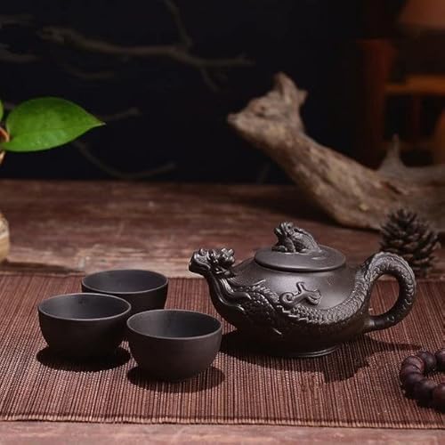 VIXDA 150 ml Teekanne Lila Ton Kung Fu Tee-Set Handgemachte Drachen-Eichhörnchen-Teekanne mit 3-teiligem Tassen-Set von VIXDA