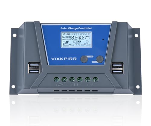 VIXKPIRR 20A Solar Laderegler 12V 24V Solarregler, PWM 20A Solarladeregler mit Temperatursensor LCD Anzeige und 4 USB Ports,Geeignet Multi 12V 24V Blei Batterien und Lithium Batterien von VIXKPIRR