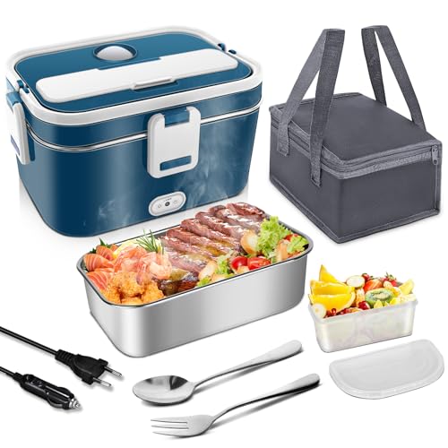 100W Elektrische Lunchbox 3-in-1 12V/24V/220V Brotdose Elektrisch für Auto, LKW, Büro 1,8L Beheizte Lunchbox Tragbare Herausnehmbar Heat Box mit Edelstahl-Einsatz & Tasche von VIYSPNV
