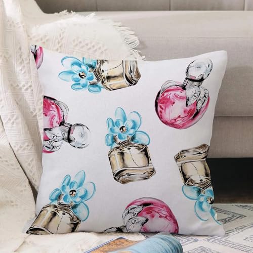VJIZLOQB Kissenbezug 30x30cm Dekokissen Polyester Sofakissen,Kissenbezüge,für Sofa Schlafzimmer Wohnzimmer Outdoor Kissenhülle,Rosa Parfümflasche aus Glas mit Blütenblättern, Duft roter Apfel, gelb von VJIZLOQB
