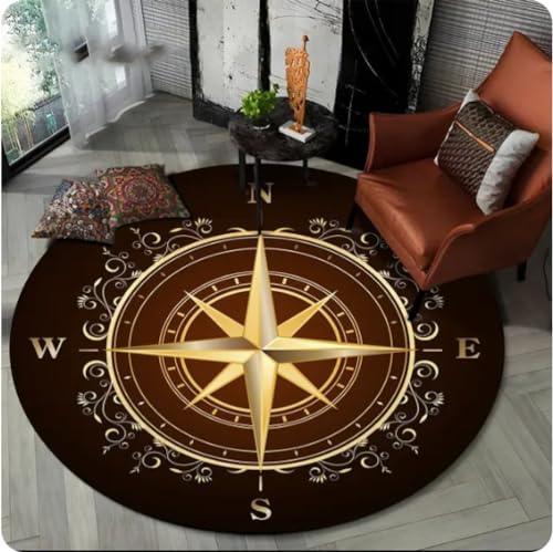 VJKFSWG Retro-Kompass-Serie, runder Teppich, runder Teppich für Wohnzimmer, Schlafzimmer, Sofa, Dekoration, rutschfeste Bodenmatte, Geschenk, 100 cm von VJKFSWG