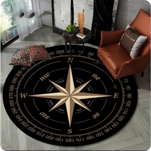 VJKFSWG Retro-Kompass-Serie, runder Teppich, runder Teppich für Wohnzimmer, Schlafzimmer, Sofa, Dekoration, rutschfeste Bodenmatte, Geschenk, 100 cm von VJKFSWG
