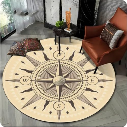 VJKFSWG Retro-Kompass-Serie, runder Teppich, runder Teppich für Wohnzimmer, Schlafzimmer, Sofa, Dekoration, rutschfeste Bodenmatte, Geschenk, 80 cm von VJKFSWG