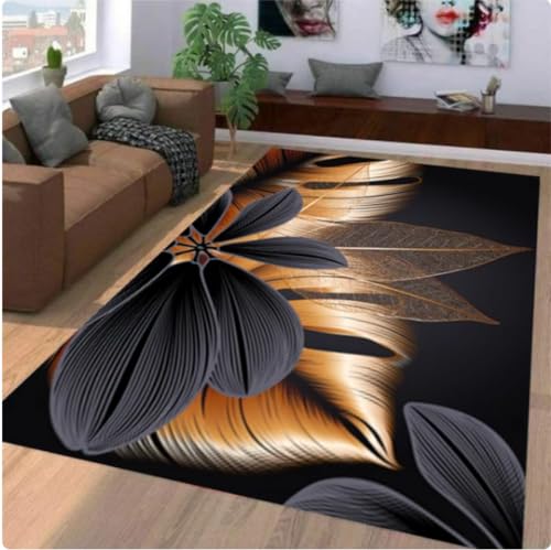 VJKFSWG Teppich, 3D-Retro, schwarz, goldenes Pflanzenblatt, Teppich, Heimeingang, Teppich, Fußmatte, rutschfeste Küchenbodenmatte, 160 x 230 cm von VJKFSWG