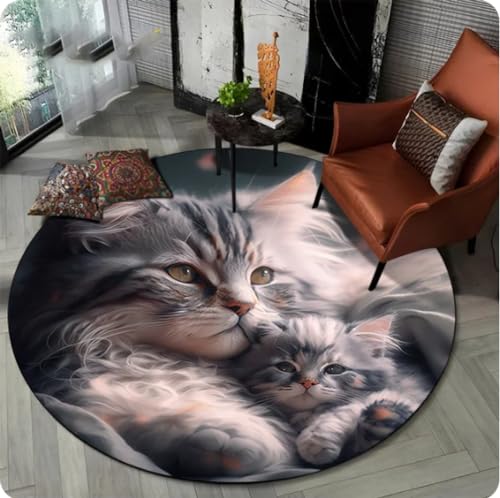 VJKFSWG Teppich, niedliche Katze, Cartoon-Tier, runder Teppich für Wohnzimmer, Schlafzimmer, Spielzimmer, Dekoration, Haustierbereich, rutschfeste Matte, 60 cm von VJKFSWG