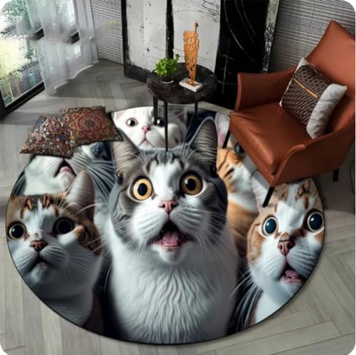 VJKFSWG Teppich, niedliche Katze, Cartoon-Tier, runder Teppich für Wohnzimmer, Schlafzimmer, Spielzimmer, Dekoration, Haustierbereich, rutschfeste Matte, 60 cm von VJKFSWG