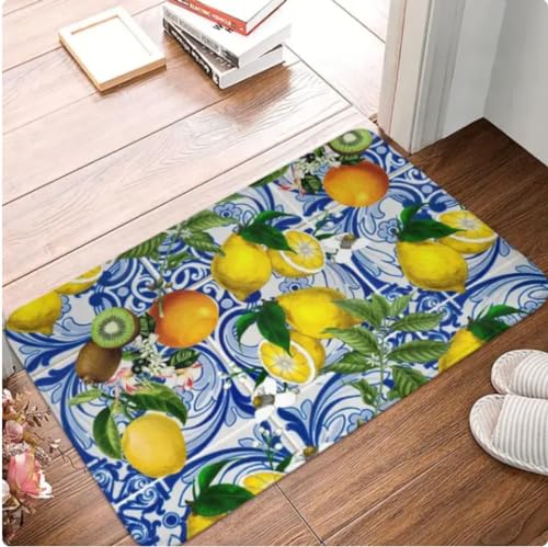 VJKFSWG Teppich für Zuhause, mediterrane Zitrone auf blauen Keramikfliesen, Fußmatte, Teppich, rutschfest, für Badezimmer, Küche, 80 x 150 cm von VJKFSWG