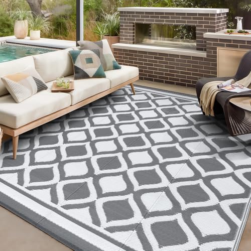 VK·LIVING Outdoor Teppich Wetterfest 150X240cm Kunststoff Stroh Reversible Garten Outdoorteppich Langlebig & UV Beständig Moderne Leichte Outdoor Matte für Balkon Terrassen Camping Hof RV Grau&Weiß von VK·LIVING