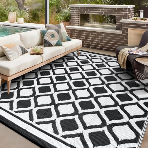 VK·LIVING Outdoor Teppich Wetterfest 150X240cm Kunststoff Stroh Reversible Garten Outdoorteppich Langlebig & UV Beständig Moderne Leichte Outdoor Matte für Balkon Terrassen Camping Hof Schwarz & Weiß von VK·LIVING