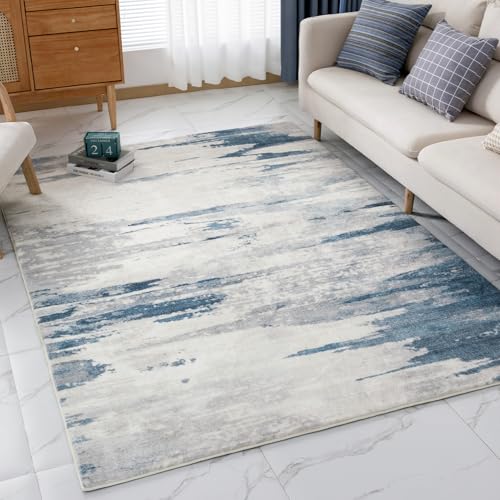 VK·LIVING Teppiche für Wohnzimmer Upgraded 16mm Dicken Schwamm Weichen Modernen Abstrakten Teppich Anti-Rutsch Teppich Mittleren Flor für Wohnzimmer Schlafzimmer Büro Blau & Grau 80X150CM von VK·LIVING
