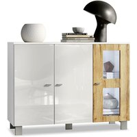 Vladon - Sideboard Anrichte Schrank Kommode Denjo in Weiß - Hochglanz & Naturtöne - Tür in Eiche Natur mit led Beleuchtung - Tür in Eiche Natur mit von VLADON