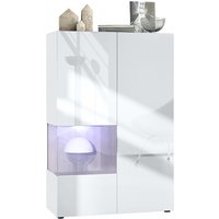 Standvitrine Highboard Hochschrank Glas Morena V2 Weiß - Hochglanz & Naturtöne - Einsatz in Eiche Nordic mit led Beleuchtung - Einsatz in Eiche von VLADON