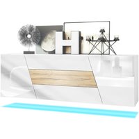 Sideboard Kommode Anrichte Schrank Houston hängend Weiß matt - Hochglanz - Eiche Natur mit led Beleuchtung - Eiche Natur mit led Beleuchtung - Vladon von VLADON
