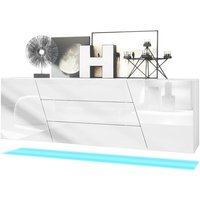 Vladon - Sideboard Kommode Anrichte Schrank Houston hängend Weiß matt - Hochglanz - Weiß Hochglanz mit led Beleuchtung - Weiß Hochglanz mit led von VLADON