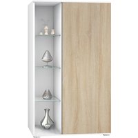 Vladon Standvitrine Highboard Hochschrank Glas Davos Weiß - Hochglanz & Naturtöne - Eiche sägerau - Eiche sägerau von VLADON