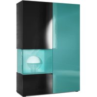 Vladon - Standvitrine Highboard Hochschrank Glas Morena Schwarz - Hochglanz & Naturtöne - Tür und Einsatz in Petrol Hochglanz ohne led Beleuchtung von VLADON