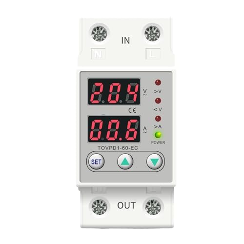 Dual LED Display Din Rail Adjustable Over Under Voltage Current Protective Device Protector Relay 230V TOVPD1-63-EC(60A) von VLFUMUXKQ
