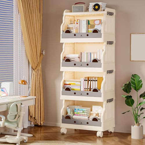 VLOBAOM 1-4-stufige Kunststoff-Rollverkehrswagen Mit Abschließbaren Rädern Aufbewahrungsregal Mobile Regal Für Küchenbadezimmer Büro Wohnzimmer White, 4 Tier L von VLOBAOM